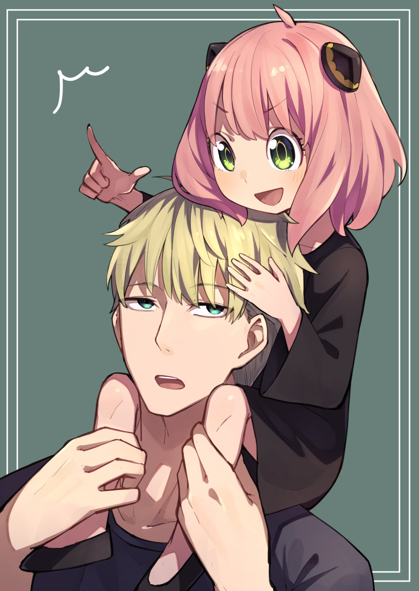 1boy 1girl :d absurdres ahoge anya_(spy_x_family) black_dress black_footwear blonde_hair blush carrying commentary dress father_and_daughter female_child green_background green_eyes hair_between_eyes happy highres holding_legs long_sleeves looking_down looking_up medium_hair open_mouth pink_hair pointing pointing_forward short_hair shoulder_carry simple_background smile spiked_hair spy_x_family tamago_sando teeth twilight_(spy_x_family) upper_teeth_only upturned_eyes v-shaped_eyebrows wide_sleeves