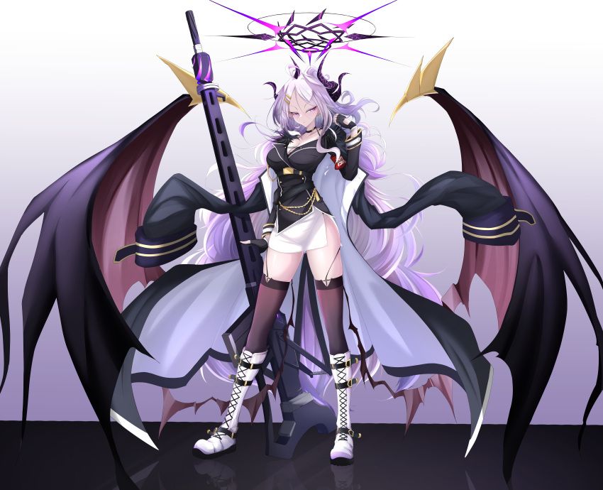 1girl absurdres aged_up ahoge alternate_costume armband black_choker black_thighhighs blue_archive boots choker coat coat_on_shoulders collarbone commentary_request demon_girl demon_horns demon_wings fingerless_gloves full_body gloves gun hair_between_eyes hair_ornament hairclip halo highres hina_(blue_archive) holding holding_gun holding_weapon horns knee_boots long_hair long_sleeves looking_at_viewer machine_gun mg42 military military_uniform ponytail purple_eyes side_slit sidelocks simple_background skirt solo standing thighhighs two-sided_coat uniform ville87804 weapon white_footwear white_hair white_skirt wings zettai_ryouiki