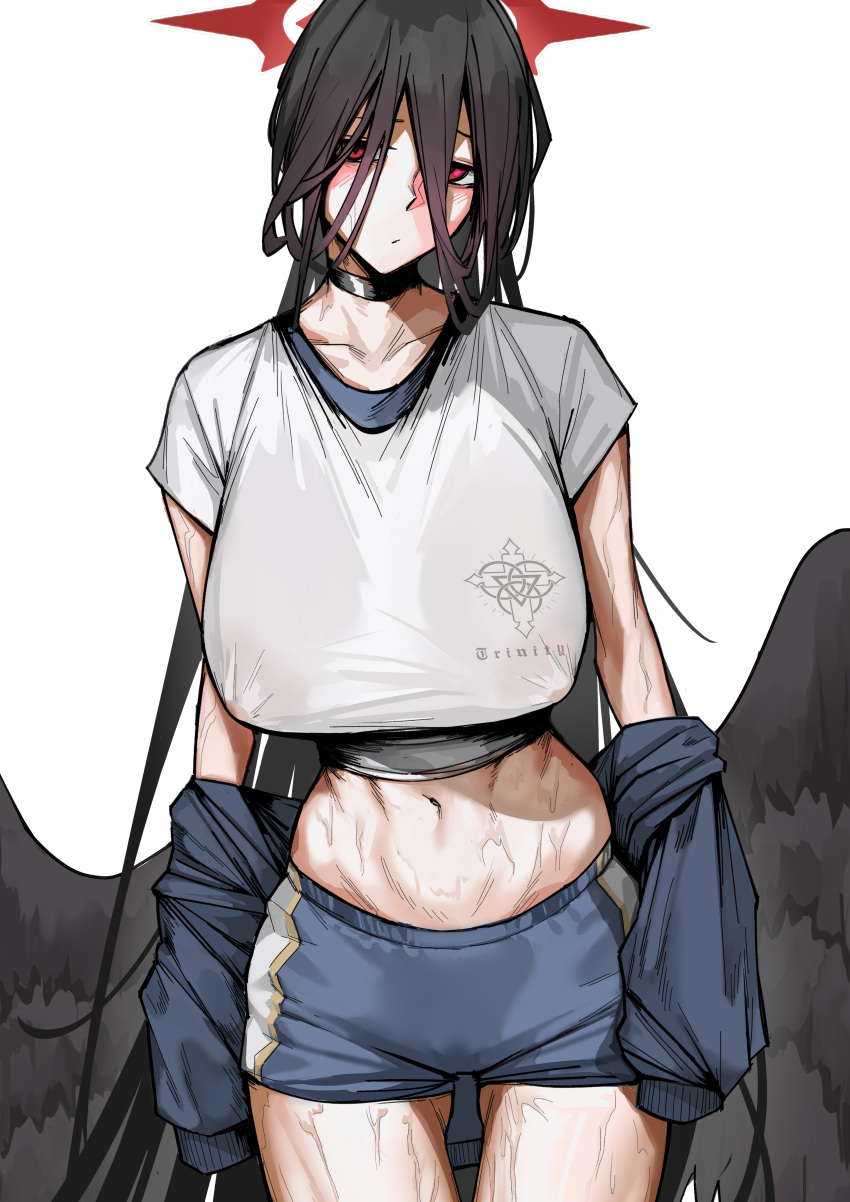 1girl absurdres black_choker black_hair black_wings blue_archive blue_jacket blue_shorts blush breasts choker collarbone covered_nipples feathered_wings gym_shirt gym_uniform halo hasumi_(blue_archive) hasumi_(track)_(blue_archive) highres huge_breasts jacket jacket_partially_removed navel official_alternate_costume oha_v red_eyes red_halo shirt short_sleeves shorts simple_background sleeves_past_fingers sleeves_past_wrists solo stomach sweat sweaty_clothes white_background wings