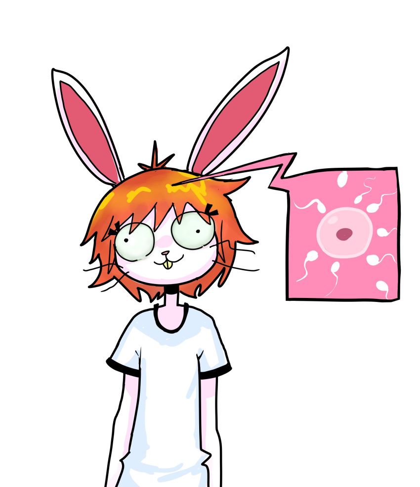 2023 anthro buckteeth clothing colored cutaway female hair happy_(tamal) hi_res impregnation lagomorph leporid long_ears mammal orange_hair ovum rabbit red_nose shirt short_hair simple_background solo sperm_cell tamal teeth thinking thought_bubble topwear whiskers white_body