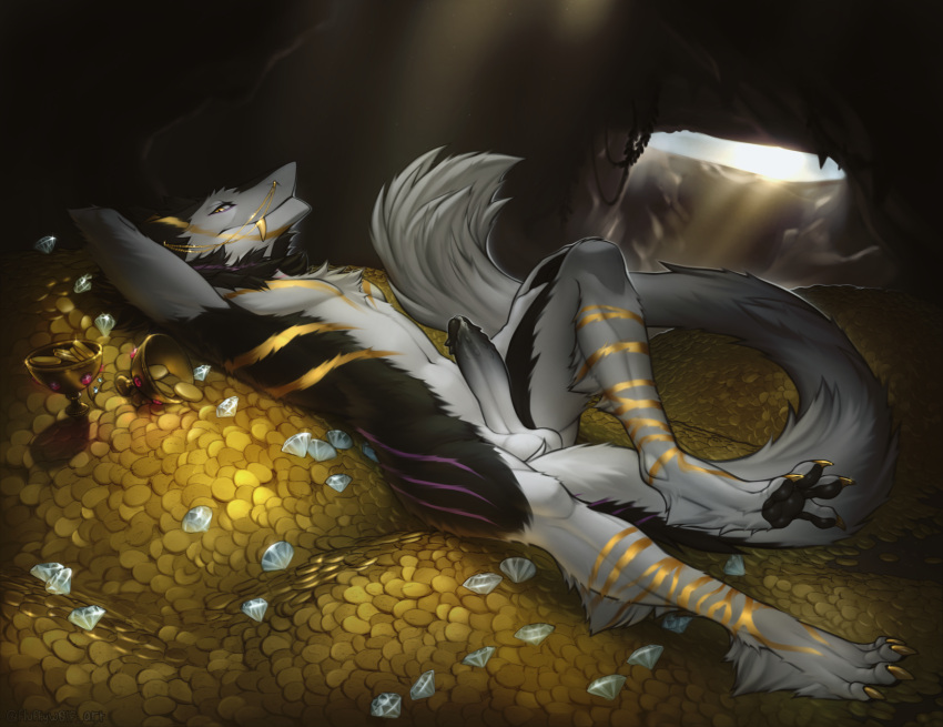 absurd_res cave fluffyw0lf genitals hi_res kaikyo lying male on_back penile_spines penis piercing pile_of_gold sergal solo