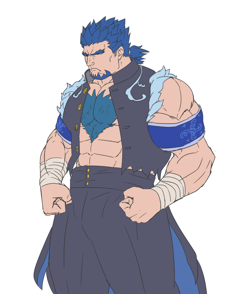 1boy absurdres armband bara blue_armband blue_hair bucchigiri clenched_hands facial_hair facing_ahead feet_out_of_frame flat_color forked_eyebrows gakuran goatee highres kenchiro_(bucchigiri) large_pectorals low_ponytail male_focus mature_male minatsumi muscular muscular_male pectoral_cleavage pectorals school_uniform shaded_face short_hair short_ponytail solo spiked_hair standing thick_chest_hair thick_eyebrows torn_clothes torn_sleeves