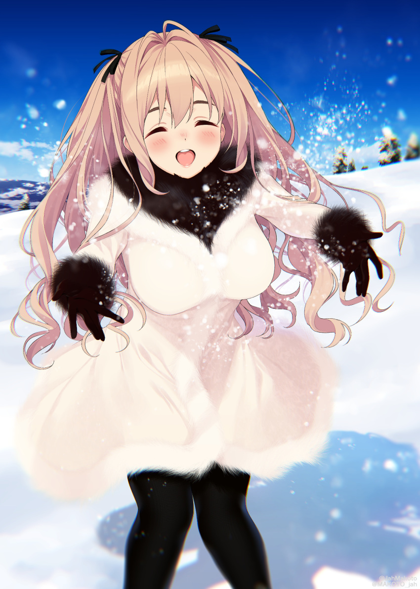 1girl ^_^ black_gloves black_pantyhose black_ribbon black_scarf blue_sky blurry blush bow breasts closed_eyes cloud day depth_of_field dot_nose dress fur-trimmed_dress fur-trimmed_gloves fur_scarf fur_trim gloves hair_bow hair_ribbon hands_up highres idolmaster idolmaster_cinderella_girls idolmaster_cinderella_girls_starlight_stage large_breasts long_hair mizuki_makoto open_mouth outdoors pantyhose pigeon-toed pink_hair ribbon saionji_kotoka scarf shadow sky smile snow solo standing teeth thick_eyebrows tree twintails upper_teeth_only white_dress winter