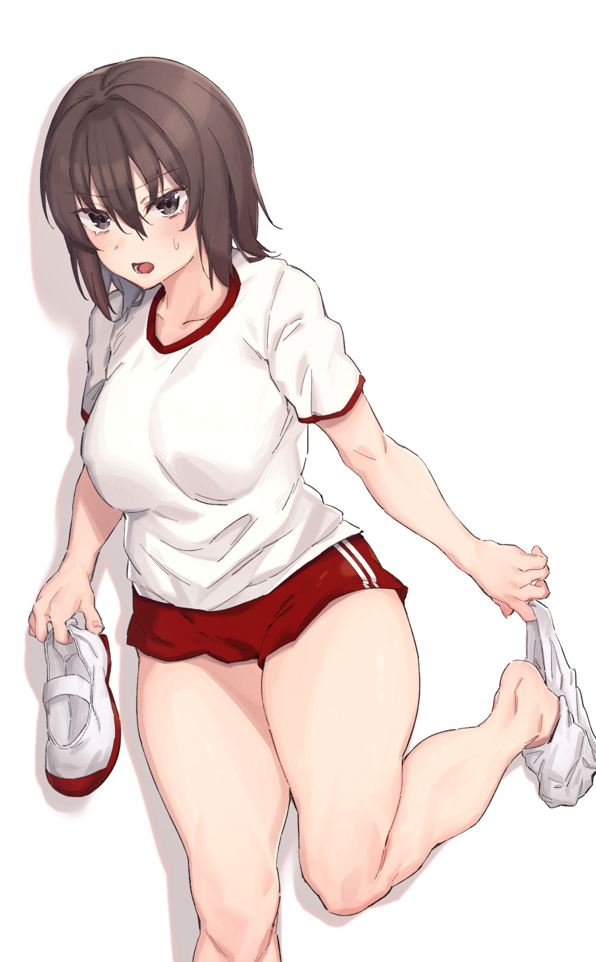 1girl absurdres batatata77 blush breasts brown_eyes brown_hair collarbone feet foot_out_of_frame gym_uniform hair_between_eyes highres holding huge_breasts legs looking_at_viewer medium_hair micro_shorts open_mouth original removing_sock shiny_skin shirt short_sleeves shorts sidelocks simple_background socks solo standing standing_on_one_leg sweatdrop thighs white_background white_footwear white_shirt white_socks