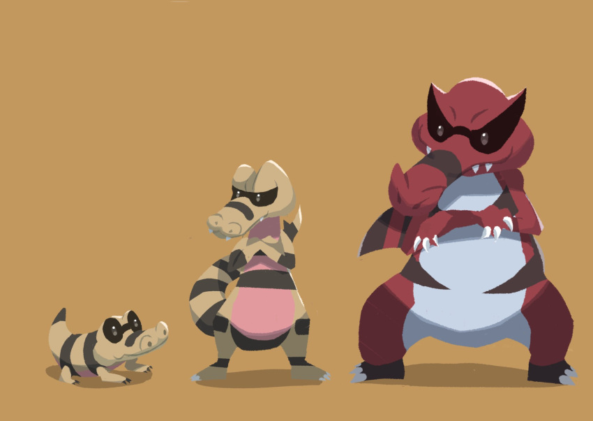 claws closed_mouth commentary_request crossed_arms evolutionary_line fangs fangs_out highres krokorok krookodile looking_down no_humans pokemon pokemon_(creature) sandile standing tomozo_(muginosukejr)