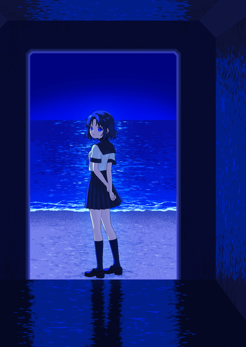 1girl absurdres arms_behind_back beach blue_eyes blue_hair blue_neckerchief blue_sailor_collar blue_skirt blue_sky blue_theme commentary_request curtained_hair expressionless from_behind hair_ornament hairclip highres holding_own_wrist horizon ily. kneehighs loafers looking_at_viewer looking_back narume neckerchief night ocean outdoors parted_lips pixel_art pleated_skirt reflective_floor sailor_collar school_uniform serafuku shoes short_hair short_sleeves skirt sky socks solo standing tunnel turtleneck undershirt wide_shot yurizawa_airi