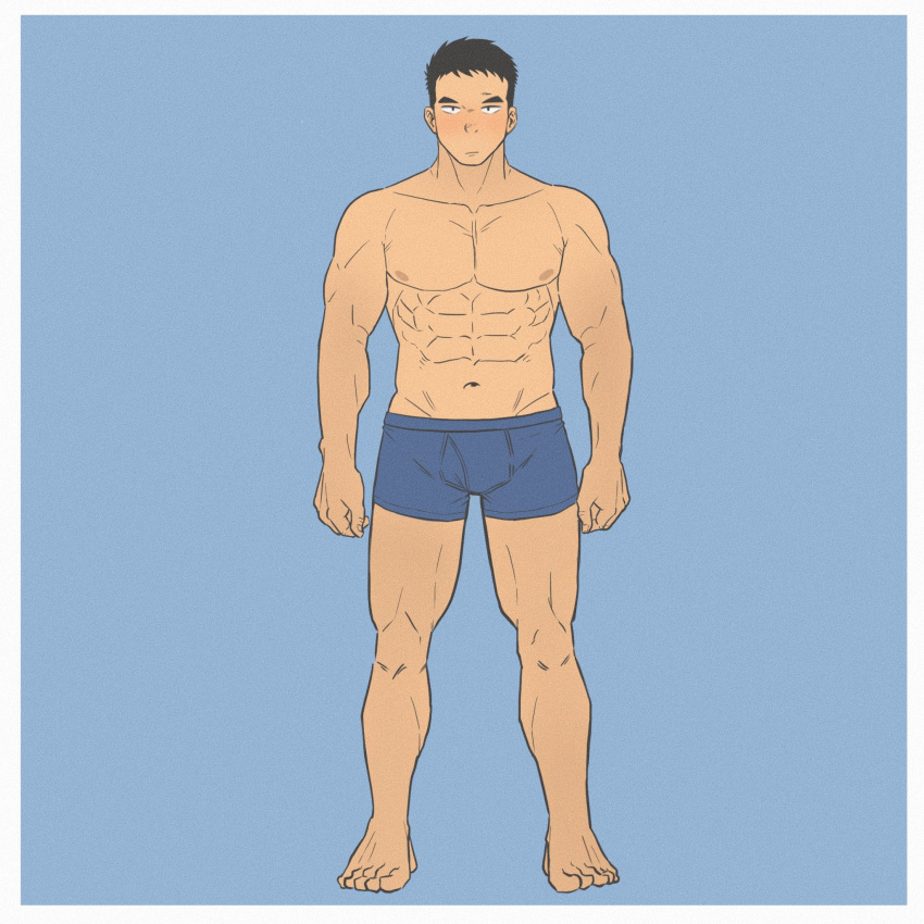 1boy abs amaimao bara blue_background blue_male_underwear boxers bulge closed_mouth full_body highres large_pectorals looking_at_viewer male_focus male_underwear muscular muscular_male navel nipples original pectorals short_hair solo standing straight-on thick_eyebrows underwear