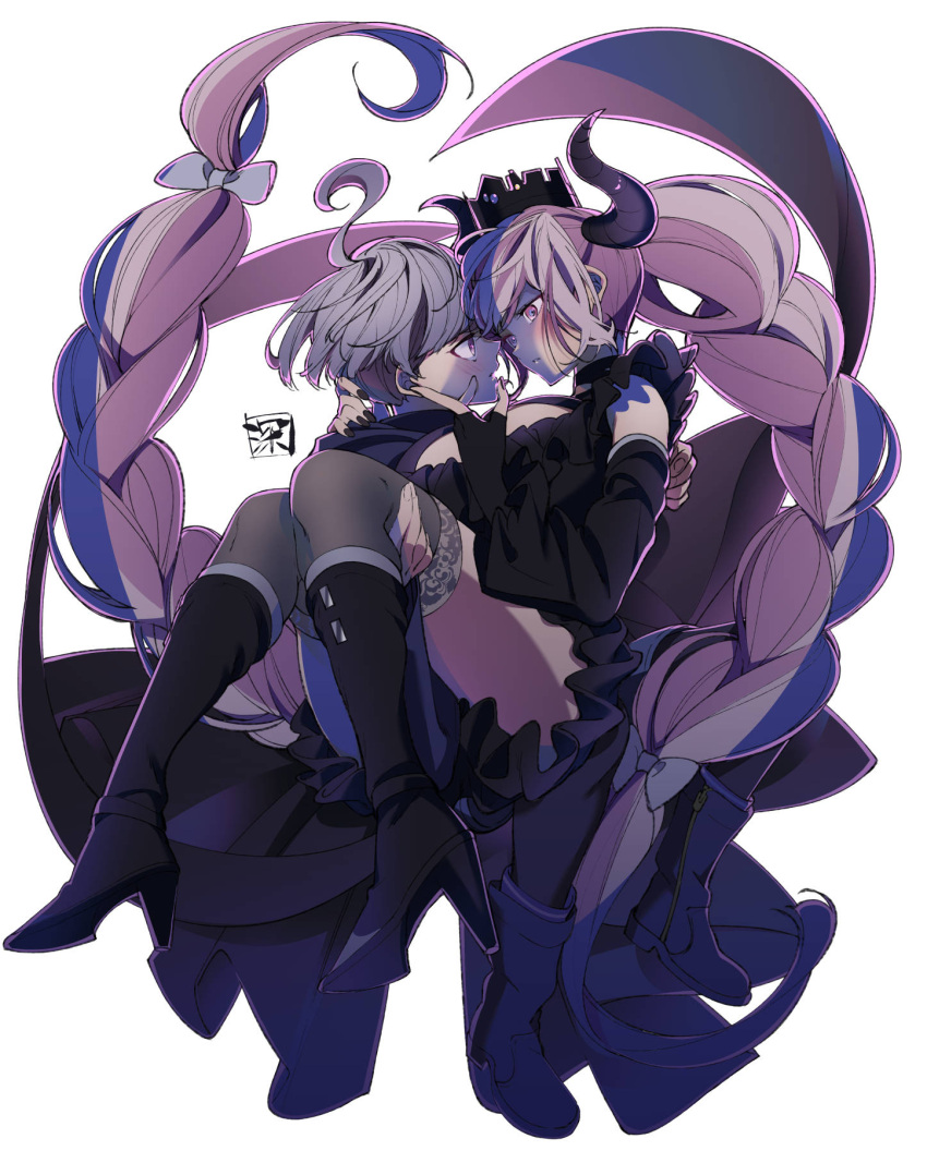 1boy 1girl black_dress black_footwear black_gloves black_horns black_thighhighs boots bow braid commentary_request crown detached_sleeves dress eye_contact fingerless_gloves floating_hair fukagawa_kazumi gloves grey_hair half-closed_eyes hand_on_another's_chin hand_on_another's_neck hetero high_heel_boots high_heels highres horns long_hair long_sleeves looking_at_another master_detective_archives:_rain_code parted_lips pink_eyes pink_hair profile purple_eyes shinigami_(rain_code) short_hair signature thighhighs twin_braids very_long_hair white_bow yuma_kokohead