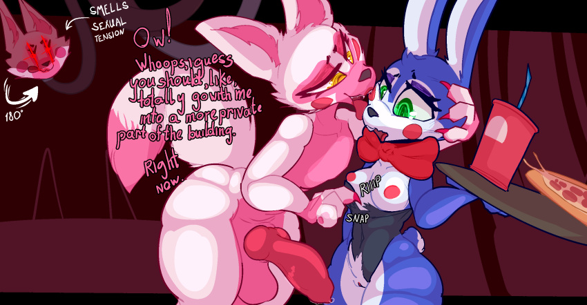 anthro blue_body breasts canid canine cheek_lick clothing duo english_text exposed_breasts face_lick female five_nights_at_freddy's five_nights_at_freddy's_2 food fox funtime_foxy_(fnaf) glowing glowing_eyes green_eyes group hi_res knot lagomorph leporid licking male male/female mammal mangle_(fnaf) multicolored_body pink_body rabbit scottgames tail text tfzn tongue tongue_out torn_clothing toy_bonnie_(fnaf) trio white_body yellow_eyes