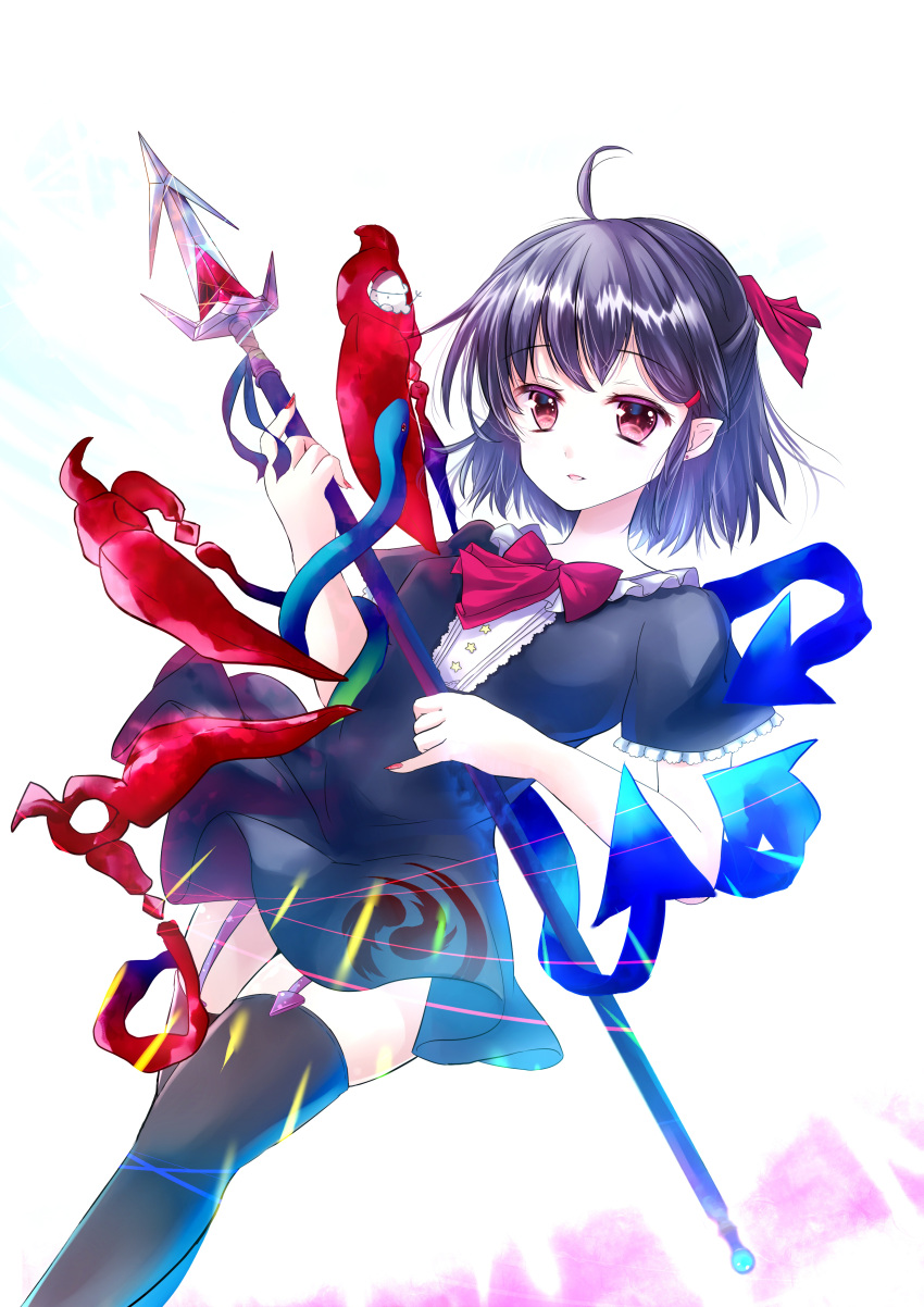 1girl absurdres ahoge asymmetrical_wings black_dress black_hair blue_wings bow bowtie breasts buttons commentary_request dress feet_out_of_frame fingernails frilled_dress frilled_sleeves frills garter_straps half_updo highres holding holding_polearm holding_weapon houjuu_nue kasazaki_ten looking_at_viewer medium_bangs open_mouth pointy_ears polearm red_bow red_bowtie red_eyes red_nails red_wings sharp_fingernails short_dress short_hair short_sleeves small_breasts smile solo spear squid thighhighs tomoe_(symbol) touhou weapon white_background wings