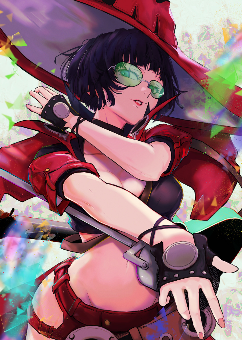 1girl absurdres black_hair breasts cleavage fingerless_gloves gloves green-tinted_eyewear guilty_gear guilty_gear_strive hat highres i-no looking_at_viewer mole mole_above_mouth red_headwear red_leather red_lips short_hair solo sunglasses tinted_eyewear venus_symbol witch_hat yuu_(primenumber7)