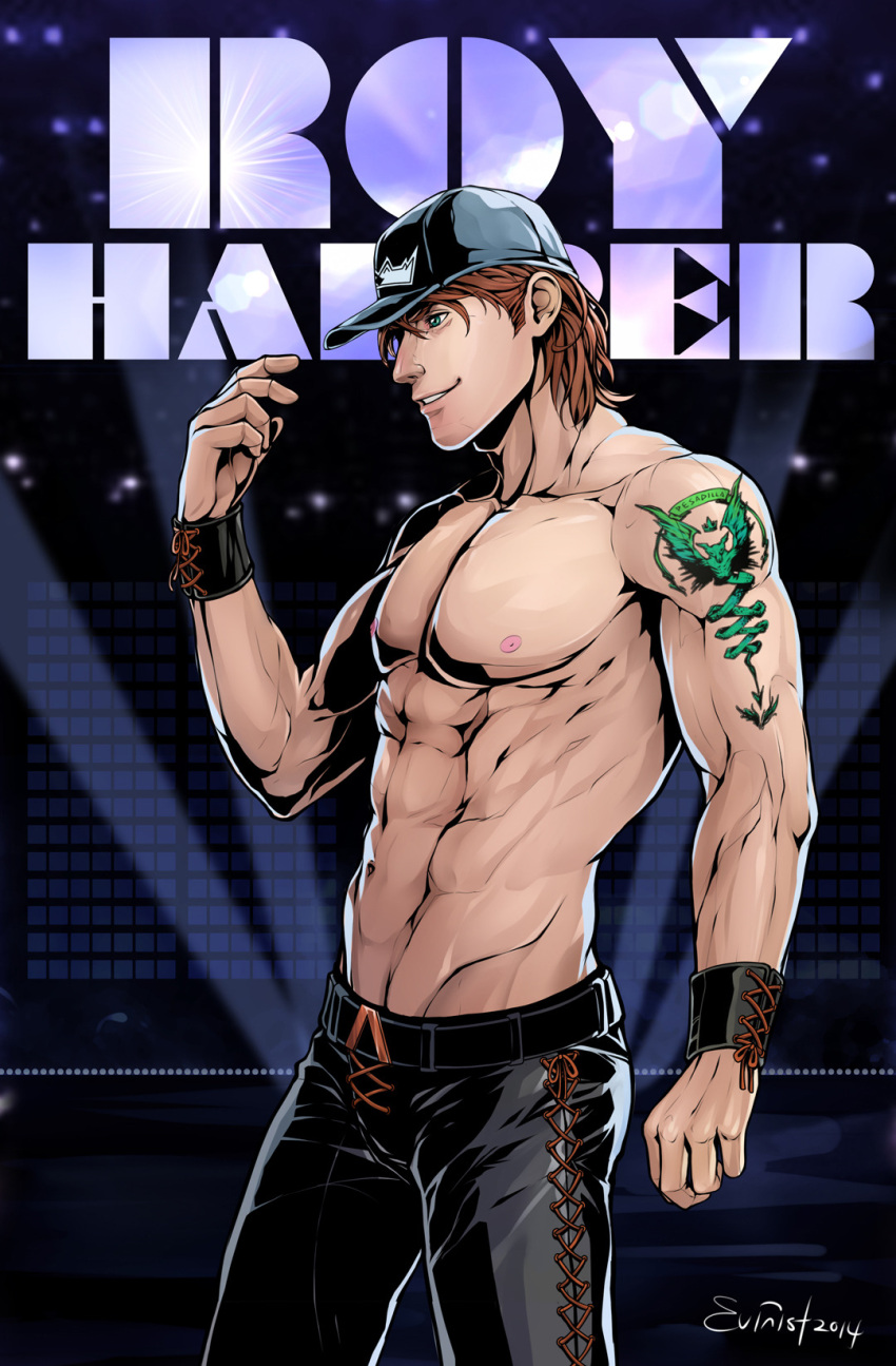 1boy abs arm_tattoo artist_name bara baseball_cap belt black_belt black_headwear black_pants character_name dc_comics evinist hat highres large_pectorals male_focus muscular muscular_male navel nipples pants pectorals red_hair roy_harper short_hair smile solo tattoo topless_male wristband young_justice