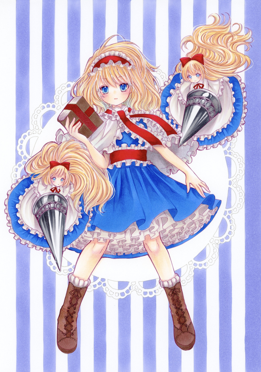1girl absurdres alice_margatroid blonde_hair blue_dress blue_eyes blush book boots bow brown_footwear capelet closed_mouth commentary_request doll dress frilled_hairband frills grimoire grimoire_of_alice hair_bow hairband highres holding holding_book holding_polearm holding_weapon lance lolita_hairband long_hair looking_at_viewer neck_ribbon polearm red_bow red_hairband red_ribbon ribbon scarf shanghai_doll short_sleeves solo striped striped_background touhou weapon white_capelet yuuki_hana_(jtnp5334)