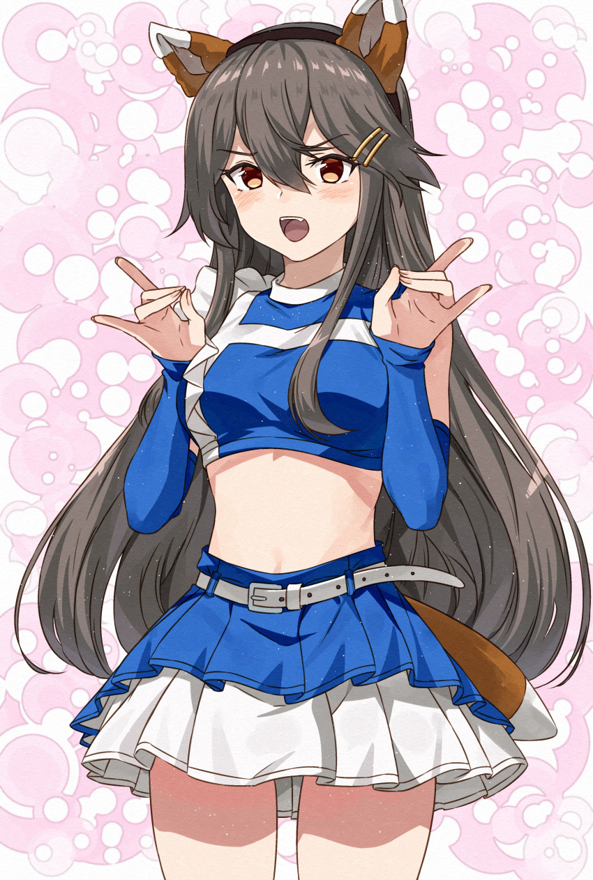 1girl absurdres animal_ears belt black_hair blue_skirt blush brown_eyes commission cowboy_shot double_fox_shadow_puppet fake_animal_ears fake_tail fingernails fox_ears fox_shadow_puppet fox_tail hair_between_eyes hair_ornament hairclip haruna_(kancolle) highres hokkaido_nippon-ham_fighters kanmiya_shinobu kantai_collection long_hair nippon_professional_baseball open_mouth pleated_skirt skeb_commission skirt solo tail white_belt white_skirt