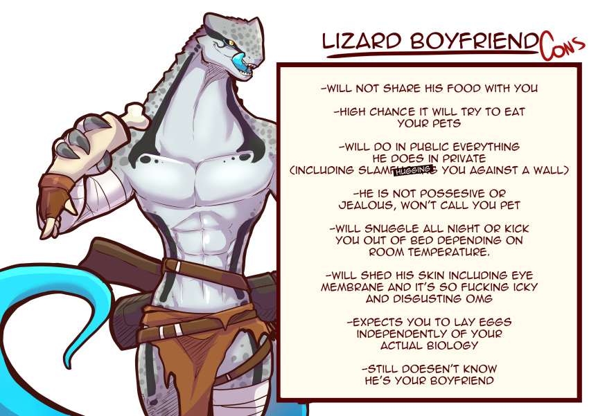 2023 abs absurd_res anthro biped blue_tail blue_tongue clothed clothing colored dungeons_and_dragons english_text hasbro hi_res licking licking_lips licking_own_lips lizard lizardfolk_(dnd) lizardman lluisabadias male muscular muscular_anthro muscular_male profanity reptile scalie severed_arm solo tail teeth text tongue tongue_out wizards_of_the_coast yu'hiss