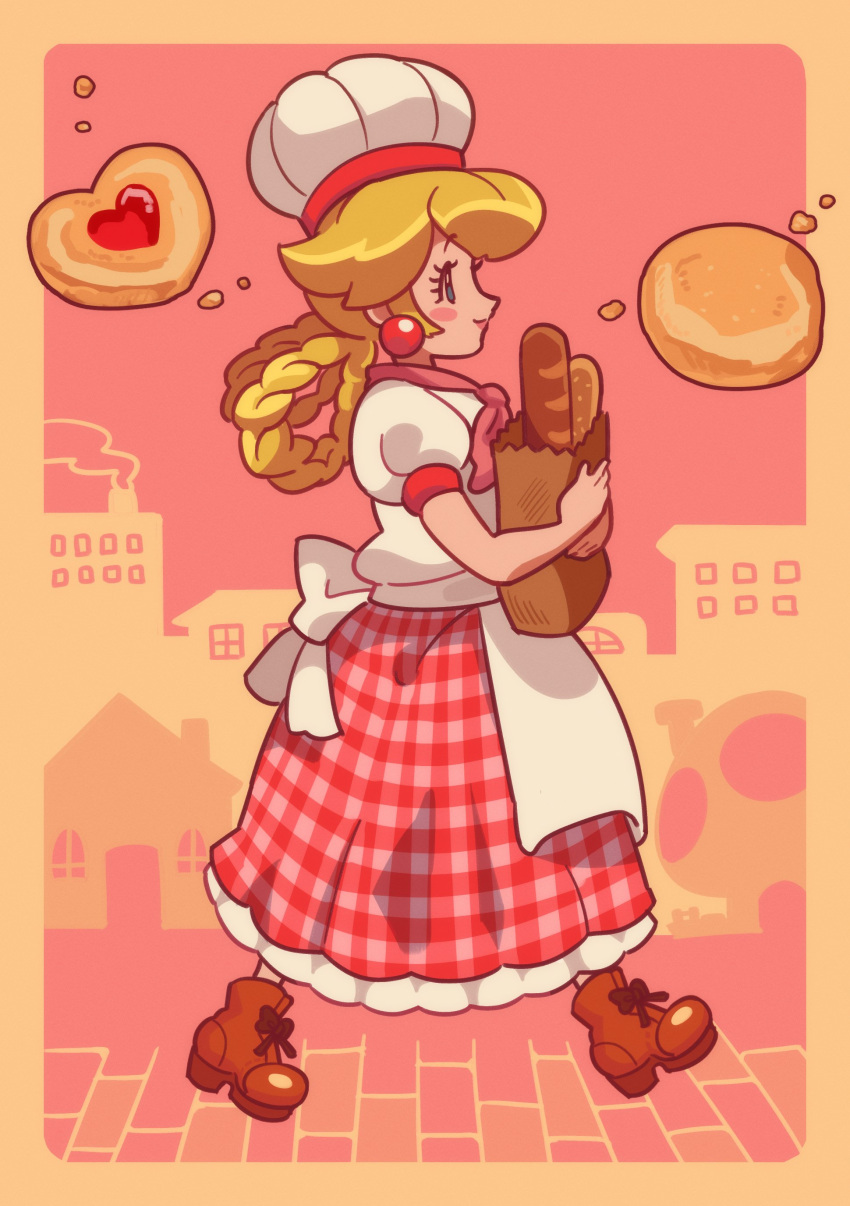 1girl absurdres apron bag baguette blonde_hair boots braid bread brown_footwear chef_hat cookie earrings food from_side full_body hat highres holding holding_bag jewelry loveycloud mario_(series) official_alternate_costume paper_bag pastry_chef_peach princess_peach princess_peach:_showtime! red_skirt short_sleeves skirt solo sphere_earrings walking white_apron