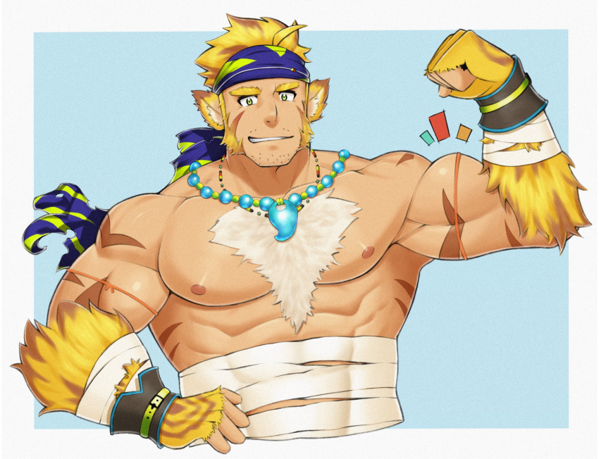 1boy abs animal_ears another_eidos-r bad_id bad_twitter_id bara biceps blonde_hair blue_headband chest_hair chest_tuft cropped_torso flexing hand_up headband highres jewelry kansuke_(kansuke_717) large_pectorals looking_at_viewer magatama magatama_necklace male_focus mature_male midriff_sarashi muscular muscular_male mustache_stubble mutton_chops necklace nipples notice_lines nude pectorals pugi_(another_eidos) sarashi scar scar_on_arm short_hair smirk solo sparse_stubble thick_eyebrows tiger_boy tiger_ears tiger_stripes