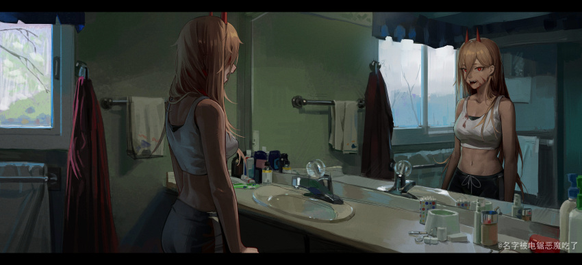 1girl absurdres artist_name bare_arms bathroom blonde_hair blood blood_on_clothes blood_on_face bottle branch chainsaw_man chinese_commentary collarbone commentary cotton_swab crop_top cup demon_girl demon_horns dyanju electrical_outlet eyelash_curler fang faucet glowing glowing_eyes hair_between_eyes highres horns indoors leaf letterboxed long_hair looking_at_viewer midriff movie_reference pants power_(chainsaw_man) red_eyes reference_request reflection shampoo_bottle sink teeth toothbrush toothpaste towel track_pants upper_teeth_only window