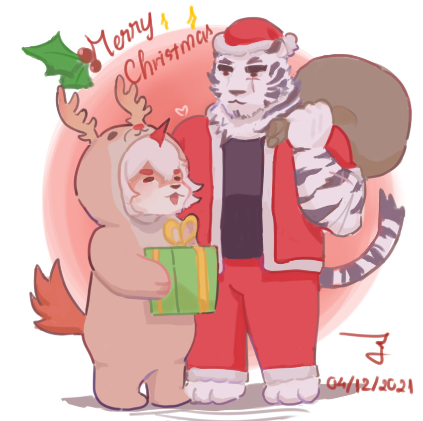 2boys animal_costume animal_ears antlers arknights bara blank_eyes carrying_over_shoulder christmas_tree couple deformed dog_boy facial_hair full_body furry furry_male furry_with_furry gift gift_bag goatee hat highres holding holding_gift hung_(arknights) male_focus merry_christmas mountain_(arknights) multiple_boys nunun_(nununnong) reindeer_antlers reindeer_costume santa_costume santa_hat short_hair standing tiger_boy tiger_ears white_fur yaoi