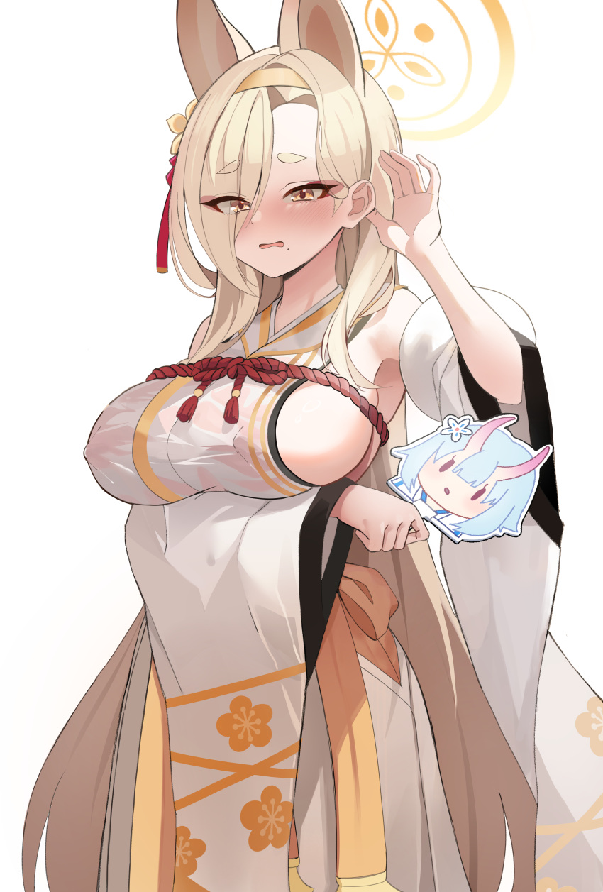 1girl absurdres animal_ears blonde_hair blue_archive breasts chise_(blue_archive) detached_sleeves extra_ears fox_ears fox_girl hair_over_one_eye hairband halo hand_fan highres holding holding_fan japanese_clothes kaho_(blue_archive) kimono large_breasts long_hair looking_at_viewer mole mole_under_mouth naseul_777 orange_hairband orange_halo short_eyebrows sideboob simple_background sleeveless sleeveless_kimono solo thick_eyebrows white_background yellow_eyes