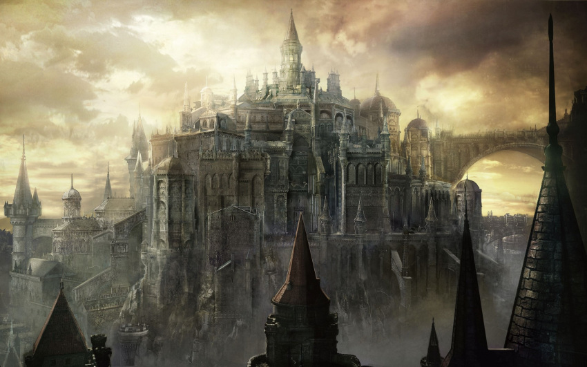 arch architecture bridge building castellation castle cathedral city cityscape commentary concept_art dark_souls_(series) dark_souls_iii dome english_commentary european_architecture fantasy flying_buttress gothic_architecture highres medieval scenery sky spire stairs stone_stairs tower