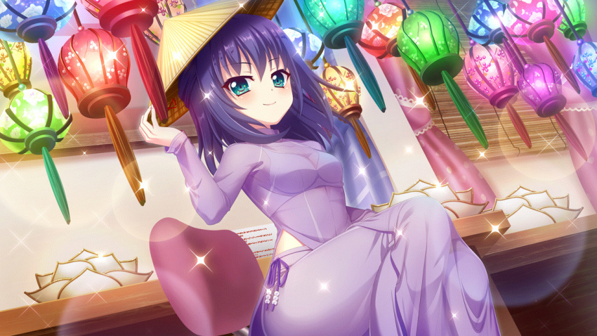 1girl aqua_eyes blue_hair bra breasts chair cleavage closed_mouth curtains dot_nose dress film_grain from_below game_cg hand_on_headwear hat honjou_kasumi indoors izumi_tsubasu lens_flare long_sleeves medium_breasts medium_hair non-web_source object_request official_art polka_dot purple_dress re:stage! rice_hat see-through see-through_cleavage see-through_dress smile solo sparkle underwear vietnamese_dress white_bra window_blinds
