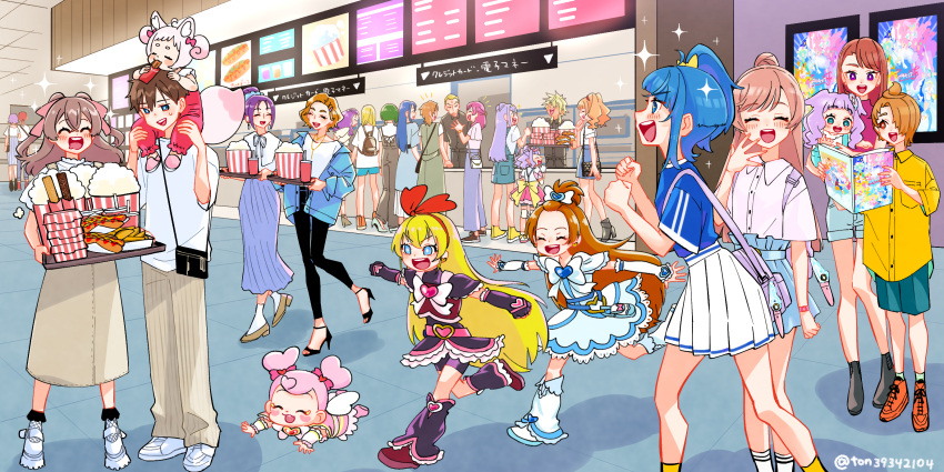 +_+ 2boys 6+girls :d aged_down aged_up ai-chan_(dokidoki!_precure) aisaki_emiru akimoto_komachi animal_ears asymmetrical_bangs back_bow backpack bag black_footwear black_pants blonde_hair blue_dress blue_eyes blue_hair blue_jacket blue_shirt blue_shorts blue_skirt bow brown_footwear brown_hair brown_pants brown_skirt bunbee_(yes!_precure_5) carrying casual character_request charaleet_(precure) child_carry churro clenched_hands closed_eyes collared_shirt colored_skin commentary cone_hair_bun cosplay cure_black cure_black_(cosplay) cure_white cure_white_(cosplay) delicious_party_precure denim denim_shorts dokidoki!_precure double_bun dress earrings eating ellee-chan flying food fox_ears fox_girl fox_tail french_fries futari_wa_precure_splash_star green_hair hair_bun hair_ornament hair_over_one_eye hair_ribbon hairclip hand_to_own_face handbag high_heels highres hijiri_ageha hirogaru_sky!_precure holding holding_tray hot_dog hugtto!_precure indoors jacket jewelry kasugano_urara_(yes!_precure_5) kawarino kibou_no_chikara_~otona_precure_'23~ kome-kome_(precure)_(human) long_skirt looking_at_another madoka_aguri medium_hair meta mimino_kurumi minazuki_karen miniskirt mirage_pen monster_rally movie_theater multiple_boys multiple_girls nagomi_yui natsuki_rin necklace nijigaoka_mashiro notice_lines off_shoulder open_mouth orange_hair outstretched_arms pants pinafore_dress pink_hair pink_ribbon pleated_skirt popcorn pouch precure precure_all_stars_f purple_eyes purple_hair red_eyes red_skin regina_(dokidoki!_precure) ribbon running ruru_amour saliva series_connection shinada_takumi shirt shoes short_dress short_hair short_ponytail short_sleeves short_twintails shorts shoulder_carry single_hair_bun skirt sleeveless sleeveless_dress smile sneakers socks sora_harewataru sparkle spread_arms standing sweatdrop t-shirt tail time_paradox tray twintails twitter_username two_side_up untucked_shirt walking white_footwear white_shirt white_shorts white_skirt white_socks yellow_bow yellow_footwear yellow_shirt yellow_socks yes!_precure_5 yumehara_nozomi yuunagi_tsubasa