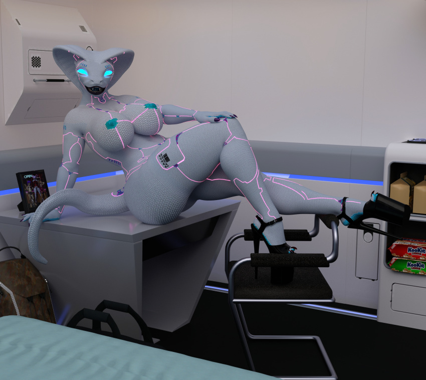 absurd_res android animal_humanoid anthro bbdworks clothing female footwear furniture glowing glowing_eyes glowing_markings hi_res high_heels humanoid machine markings on_table reptile reptile_humanoid robot scalie scalie_humanoid snake_humanoid solo syndra_(bbd-works) table