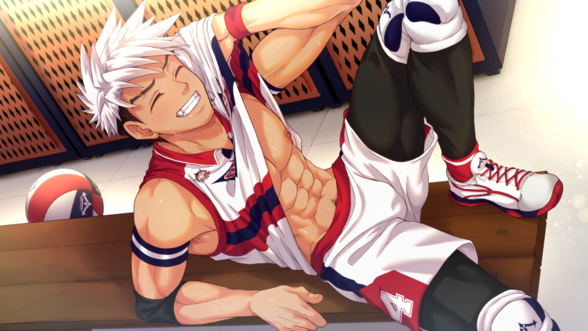 1boy abs armband ball black_leggings closed_mouth clothes_lift collaboration collared_shirt elbow_pads foot_out_of_frame highres indoors jock_studio_(blits_games) knee_pads leggings male_focus mikkoukun multicolored_footwear muscular muscular_male nakajima_yuuto nipples non-web_source official_art pectorals red_footwear red_wristband shirt shirt_lift short_hair shorts sleeveless sleeveless_shirt smile solo teeth undercut variant_set volleyball_(object) white_footwear white_hair white_shorts wooden_bench zamius
