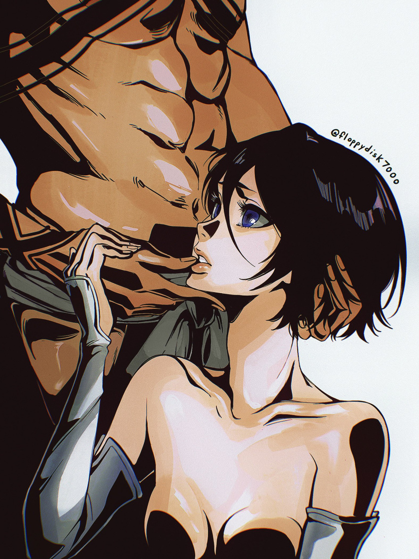 1boy 1girl abs bare_shoulders black_hair bleach bob_cut body_markings breasts collarbone cropped_torso elbow_gloves english_commentary floppydisk7000 from_side gloves hand_on_another's_face hand_on_another's_hand hand_on_another's_head highres kuchiki_rukia kurosaki_ichigo looking_up muscular muscular_male navel parted_lips pectorals purple_eyes short_hair simple_background small_breasts twitter_username upper_body white_background