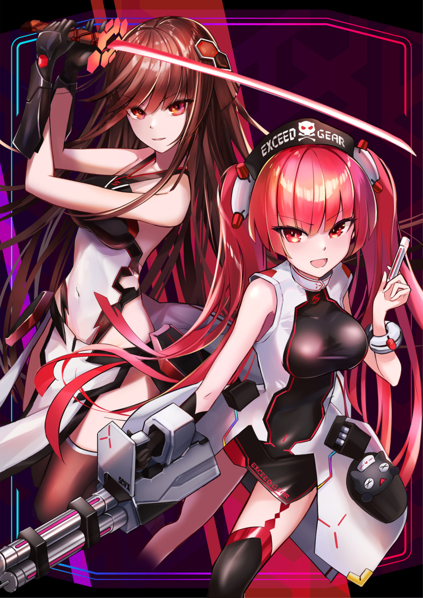 2girls :d black_dress black_gloves black_thighhighs blunt_bangs breasts brown_hair character_request copyright_request covered_navel cropped_legs dress garter_straps gloves headgear highres holding holding_sword holding_weapon katana kie_(yospcd) leotard long_hair looking_at_viewer medium_breasts multiple_girls red_eyes red_hair short_dress single_glove single_thighhigh skin_tight sleeveless sleeveless_dress smile sound_voltex standing sword thighhighs twintails very_long_hair weapon white_leotard