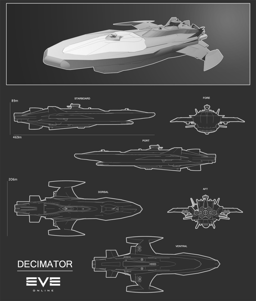 3d battlecruiser_(eve_online) cannon commentary concept_art copyright_name eve_online from_side greyscale highres logo military_vehicle monochrome multiple_views no_humans original peterguzman reference_sheet science_fiction spacecraft thrusters turret vehicle_focus