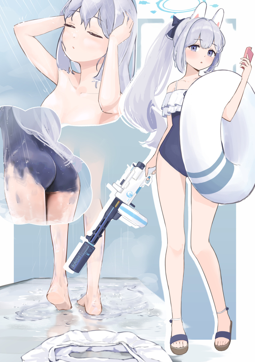 1girl absurdres ass barefoot blue_archive blue_bow blue_eyes blue_one-piece_swimsuit bodypaint bow breasts casual_one-piece_swimsuit cellphone collarbone feet frilled_one-piece_swimsuit frills grey_hair gun hair_bow halo highres holding holding_gun holding_phone holding_weapon inset legs long_hair looking_at_viewer miyako_(blue_archive) miyako_(swimsuit)_(blue_archive) multiple_views one-piece_swimsuit painted_clothes phone ponytail ryh4 sandals showering small_breasts smartphone soles swimsuit thighs toes very_long_hair weapon weapon_request