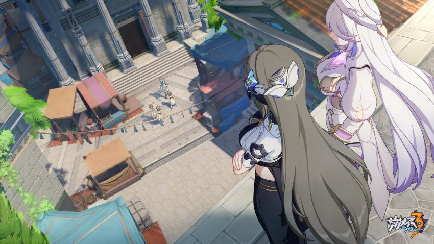 2girls chinese_commentary closed_mouth crossed_arms day hare_(honkai_impact) highres honkai_(series) honkai_impact_3rd long_hair looking_down multiple_girls official_art official_wallpaper outdoors peacock_feathers rooftop spoilers vita_(honkai_impact) white_hair