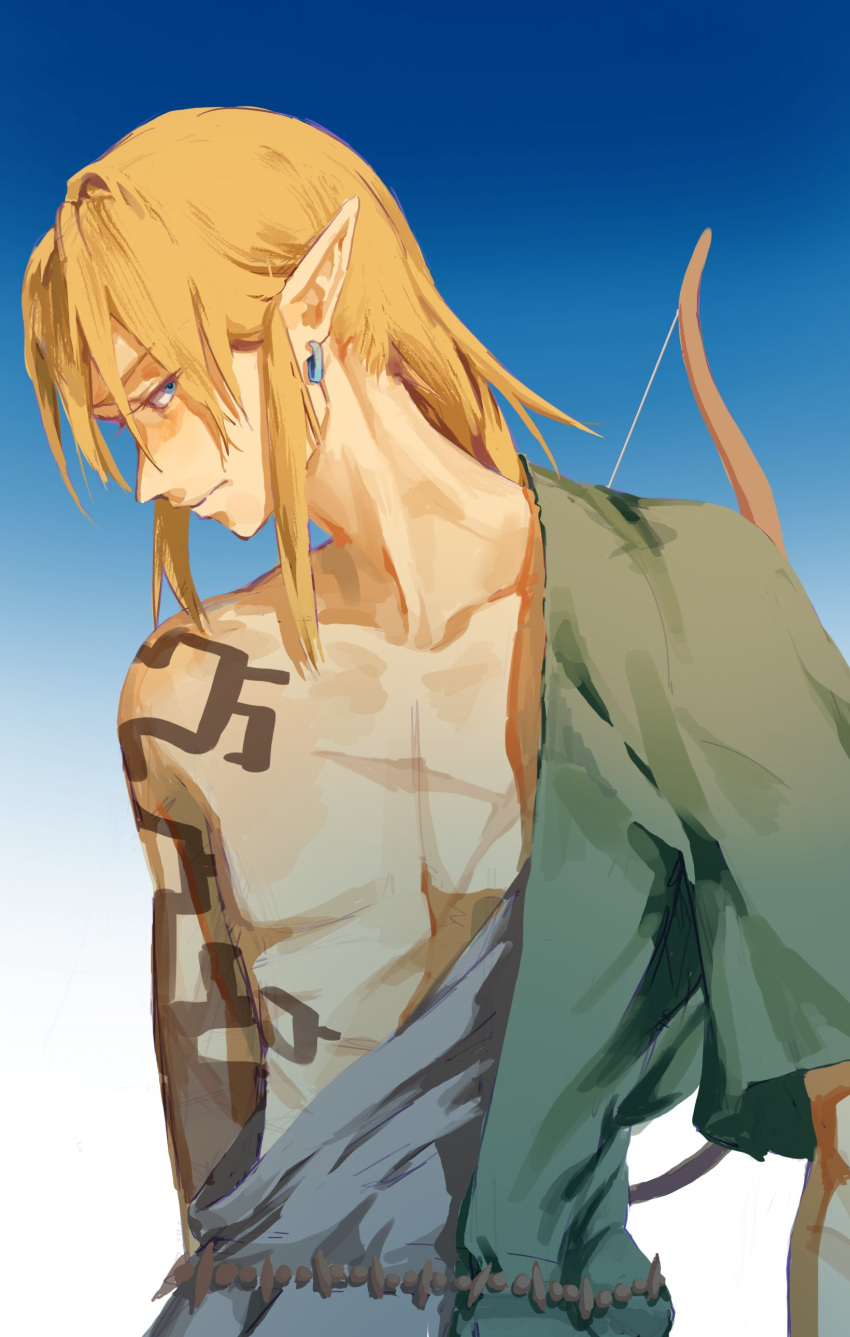 1boy absurdres arm_tattoo blonde_hair blue_background blush bow_(weapon) closed_mouth collarbone cowboy_shot earrings highres jewelry link looking_at_viewer medium_hair pointy_ears psp26958748 scar scar_on_chest sideways_glance single_bare_shoulder single_sleeve solo tattoo the_legend_of_zelda the_legend_of_zelda:_tears_of_the_kingdom upper_body weapon white_background