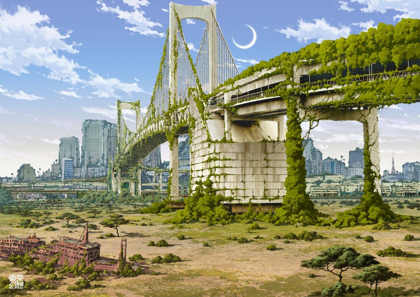 abandoned absurdres bridge cityscape cloud crescent_moon day dilapidated highres landmark minato_(tokyo) moon no_humans original outdoors overgrown post-apocalypse real_world_location ruins scenery ship sky tokyo_(city) tokyo_rainbow_bridge tokyo_tower tokyogenso watercraft wreckage