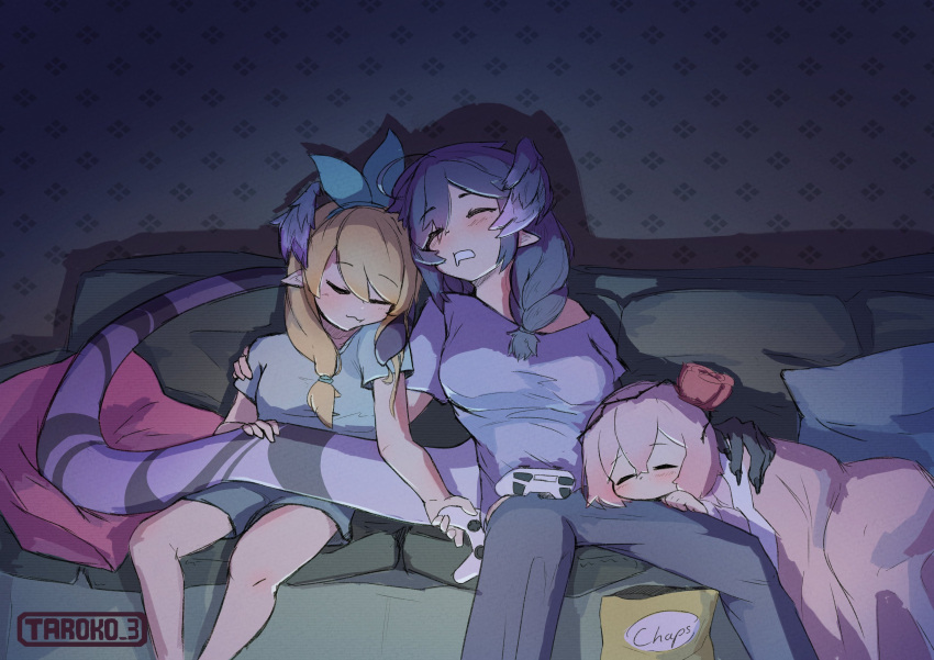 3girls absurdres alternate_costume blonde_hair chips_(food) controller food game_controller hand_on_another's_back head_wings highres multiple_girls nijisanji nijisanji_en pink_hair pomu_rainpuff potato_chips purple_hair rosemi_lovelock saliva selen_tatsuki sleeping sleeping_on_person tail taroko3 twitter_username virtual_youtuber wing_hug wings