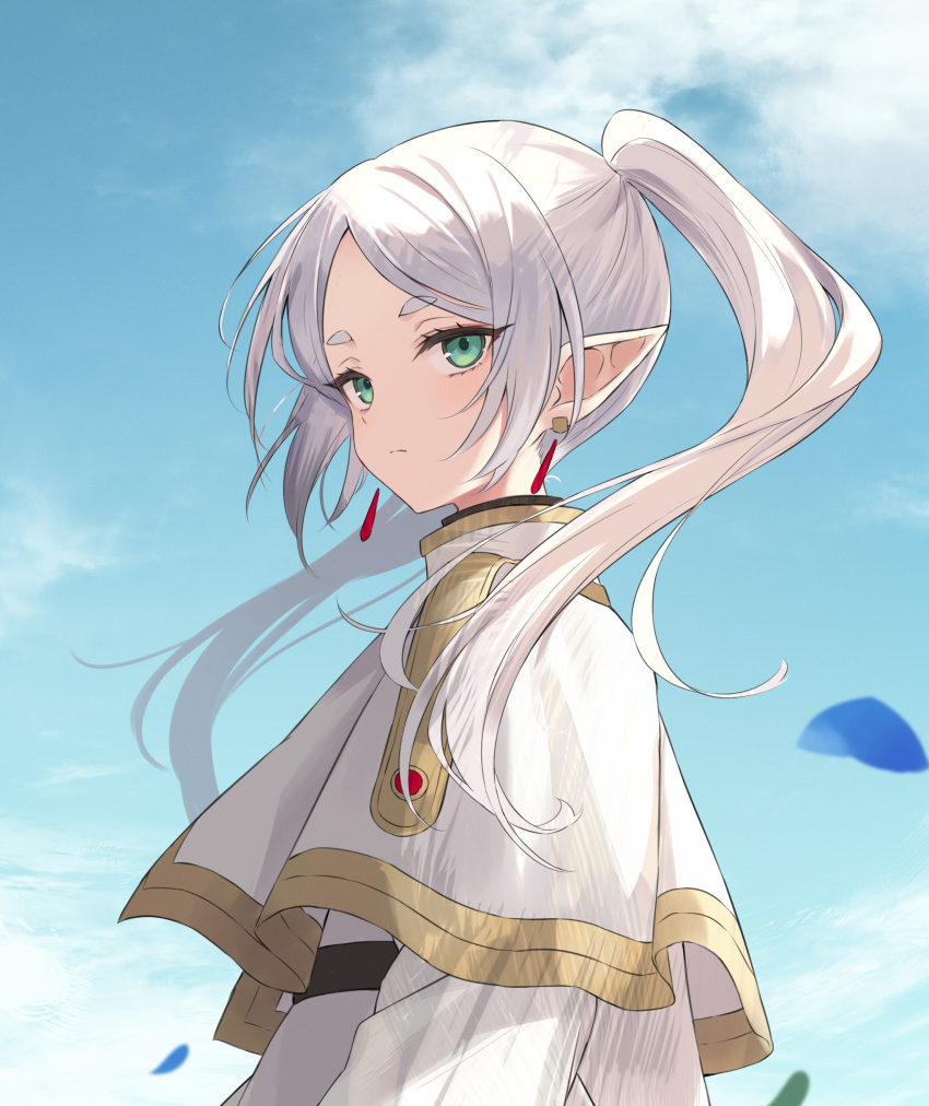 1girl absurdres azuuru backlighting belt black_belt capelet cloud cloudy_sky earrings elf falling_petals frieren from_side gem gold_earrings gold_trim green_eyes high_collar highres jewelry long_hair parted_bangs petals pointy_ears red_gemstone shirt sky solo sousou_no_frieren thick_eyebrows turning_head twintails upper_body white_capelet white_hair white_shirt