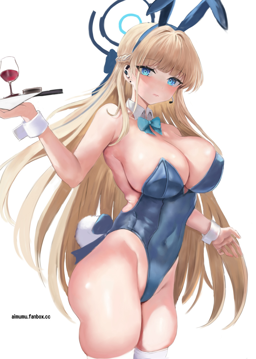 1girl absurdres aimu_(angry9565) animal_ears aqua_bow aqua_bowtie armpits bare_hips bare_shoulders blonde_hair blue_archive blue_eyes blue_hairband blue_leotard blush bow bowtie braid breasts cleavage closed_mouth collarbone covered_navel cowboy_shot detached_collar earpiece fake_animal_ears fake_tail fanbox_username french_braid hair_bow hair_ribbon hairband halo highleg highleg_leotard highres holding holding_tray large_breasts leotard long_hair looking_at_viewer official_alternate_costume playboy_bunny rabbit_tail ribbon simple_background skindentation solo strapless strapless_leotard tail thighhighs thighs toki_(blue_archive) toki_(bunny)_(blue_archive) tray two-tone_leotard very_long_hair white_background white_thighhighs white_wrist_cuffs wrist_cuffs