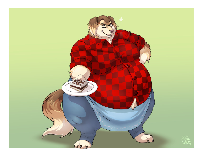 2019 anthro apron arm_tuft big_moobs biglovealicia brown_body brown_fur canid canine canis cheek_bulge claws clothed clothing digitigrade dish domestic_dog ear_tuft ears_down eyewear full-length_portrait fully_clothed fur glasses hi_res huge_belly hunting_dog light lighting male mammal moobs morbidly_obese morbidly_obese_male obese obese_male overweight overweight_male pivoted_ears portrait saluki shaded sighthound signature simple_background smile solo solo_focus tail thick_arms thick_thighs tight_clothing tiramisu_(food) toe_claws tuft yellow_body yellow_fur