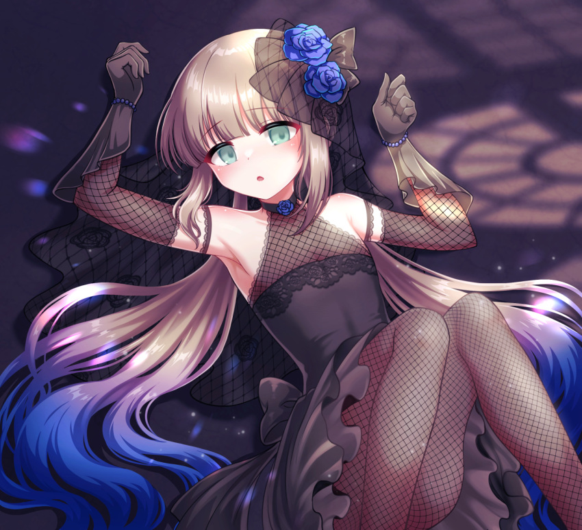 1boy :o arm_up armpits bare_shoulders bead_bracelet beads black_choker black_dress black_gloves blue_flower blue_hair blue_rose bracelet bridal_veil brown_hair brown_pantyhose captain_nemo_(fate) choker commentary crossdressing detached_sleeves dress fate/grand_order fate_(series) fishnet_pantyhose fishnet_sleeves fishnets floral_print flower gloves gradient_hair green_eyes hand_up highres indoors jewelry knees_up light_particles long_hair looking_at_viewer low_twintails lying male_focus multicolored_hair nemo_(fate) on_back paid_reward_available pantyhose rose shell_ocean sidelocks sleeveless sleeveless_dress solo twintails veil very_long_hair wedding_dress window_shade