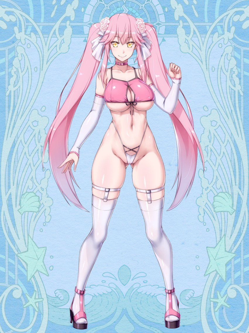 1girl abstract_background ass_visible_through_thighs bare_hips bare_shoulders bikini bikini_bottom_only breasts center_opening character_request cleavage cocytus_(wind_master) collar commentary_request covered_nipples dairoku_ryouhei detached_sleeves flower full_body hair_flower hair_ornament hair_ribbon high_heels highleg highres large_breasts long_hair looking_at_viewer navel pink_collar pink_hair pink_trim ribbon shoes smile solo standing swimsuit tank_top thighhighs thong twintails underboob very_long_hair yellow_eyes