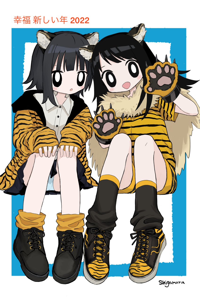 2022 2girls :o absurdres animal_ears animal_hands animal_print black_footwear black_skirt black_socks blue_panties border bright_pupils buttons cape chinese_zodiac claw_pose collared_shirt fake_animal_ears full_body fur_cape gloves hands_on_own_knees highres invisible_chair jacket leaning_to_the_side light_blush long_hair looking_at_viewer loose_socks multiple_girls new_year open_clothes open_jacket open_mouth orange_socks original outside_border panties pantyshot paw_gloves print_footwear print_jacket print_shirt print_shorts shii595 shirt shoes short_hair short_sleeves shorts signature sitting skirt sleeves_past_wrists smile sneakers socks tiger_ears tiger_print translation_request underwear white_border white_pupils white_shirt year_of_the_tiger
