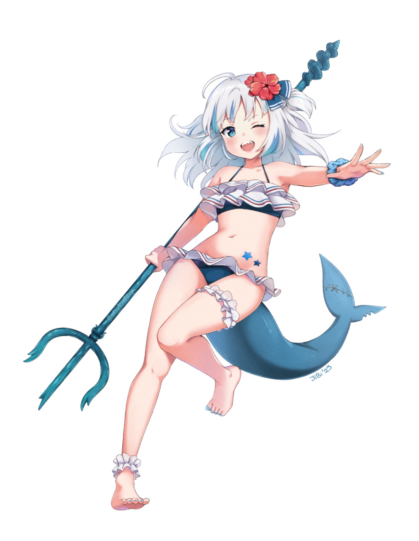 1girl ankle_scrunchie barefoot bikini blue_bikini blue_hair blue_nails blue_tail collarbone commentary dated english_commentary eyelashes feet fins fish_tail flat_chest flower frilled_bikini frills full_body gawr_gura grey_hair hair_flower hair_ornament highres holding hololive hololive_english knees_together_feet_apart legs long_hair looking_at_viewer multicolored_hair nail_polish navel one_eye_closed polearm scrunchie shark_girl shark_tail sharp_teeth signature solo standing standing_on_one_leg stomach_tattoo streaked_hair swimsuit tail tattoo teeth thigh_strap thighs toenail_polish toenails toes trident twitter_username utsukusheep virtual_youtuber weapon wrist_scrunchie