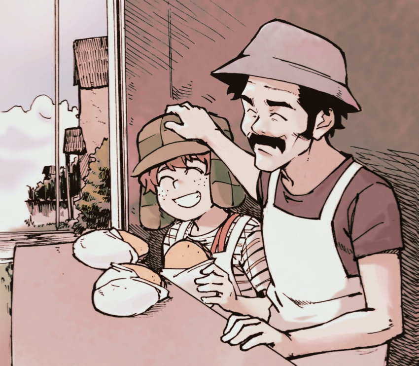 2boys andony_strawhat apron black_hair blue_headwear brown_hair closed_eyes don_ramon el_chavo el_chavo_del_ocho facial_hair food food_stand grey_shirt hat headpat highres multiple_boys mustache outdoors sandwich shirt smile striped striped_shirt suspenders t-shirt