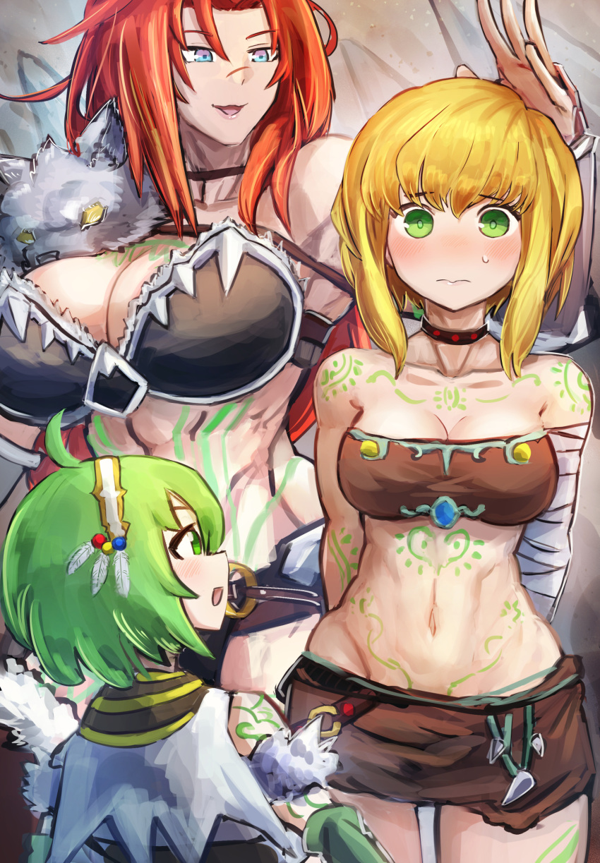 3girls abs absurdres ahoge alternate_costume arm_tattoo arms_behind_back bandaged_arm bandages bare_shoulders bikini black_bikini black_choker blonde_hair blue_eyes blush breasts brown_skirt brown_tube_top capelet chest_tattoo choker cleavage closed_mouth collarbone commentary_request commission duel_monster fur_trim green_eyes green_hair groin hair_between_eyes hairband hatano_kiyoshi highres large_breasts leg_tattoo looking_at_another looking_at_viewer medium_breasts midriff miniskirt multiple_girls navel nose_blush open_mouth partial_commentary pelt pixiv_commission red_hair rookie_warrior_lady scar scar_on_face scar_on_nose short_hair_with_long_locks sidelocks skirt smile standing stomach_tattoo strapless sweat swimsuit tattoo tube_top vambraces war_rock_skyler war_rock_wento white_capelet white_hairband wolf_pelt yu-gi-oh!