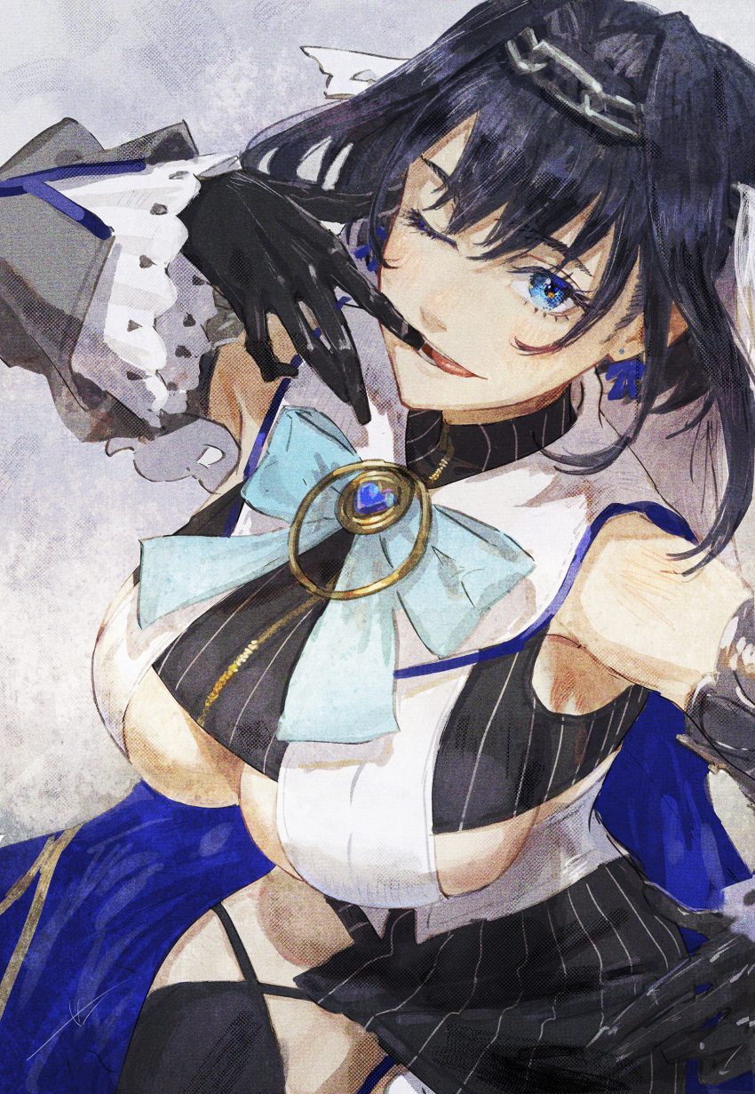 1girl black_gloves black_thighhighs blue_bow blue_cape blue_eyes blue_hair blue_ribbon blush bow bow_earrings breasts cape chain chain_headband cleavage_cutout clothing_cutout collar detached_sleeves earrings gloves hair_intakes heart highres hololive hololive_english jewelry large_breasts looking_at_viewer micro_shorts miniskirt one_eye_closed open_mouth ouro_kronii ouro_kronii_(1st_costume) ribbon shirt short_hair shorts sideboob sitting skirt sleeveless sleeveless_shirt sleeveless_turtleneck teeth thighhighs tongue tongue_out total turtleneck underboob underboob_cutout veil virtual_youtuber
