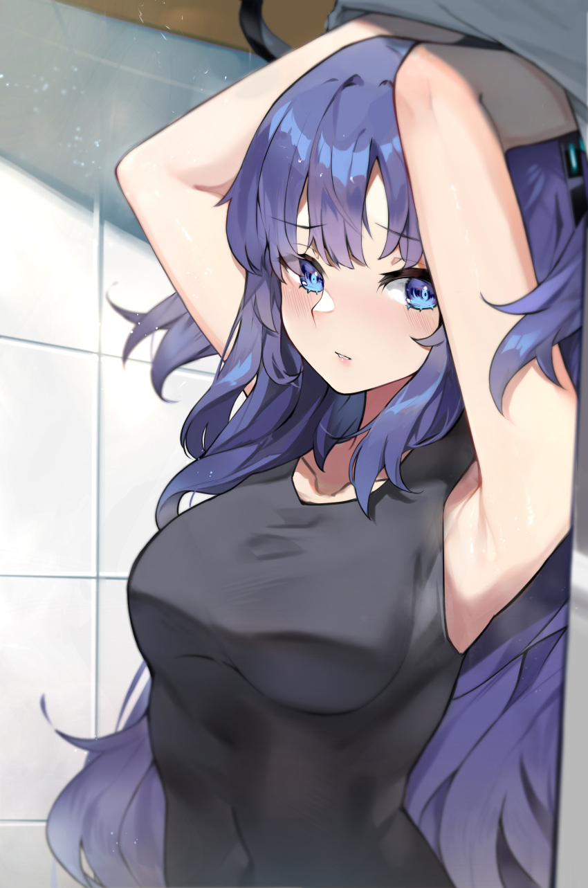 1girl absurdres armpits arms_up black_shirt blue_archive blue_eyes blurry collarbone commentary_request depth_of_field halo highres indoors long_hair looking_at_viewer parted_bangs purple_hair sakanafish shirt sidelocks sleeveless solo tile_wall tiles two_side_up undressing yuuka_(blue_archive)