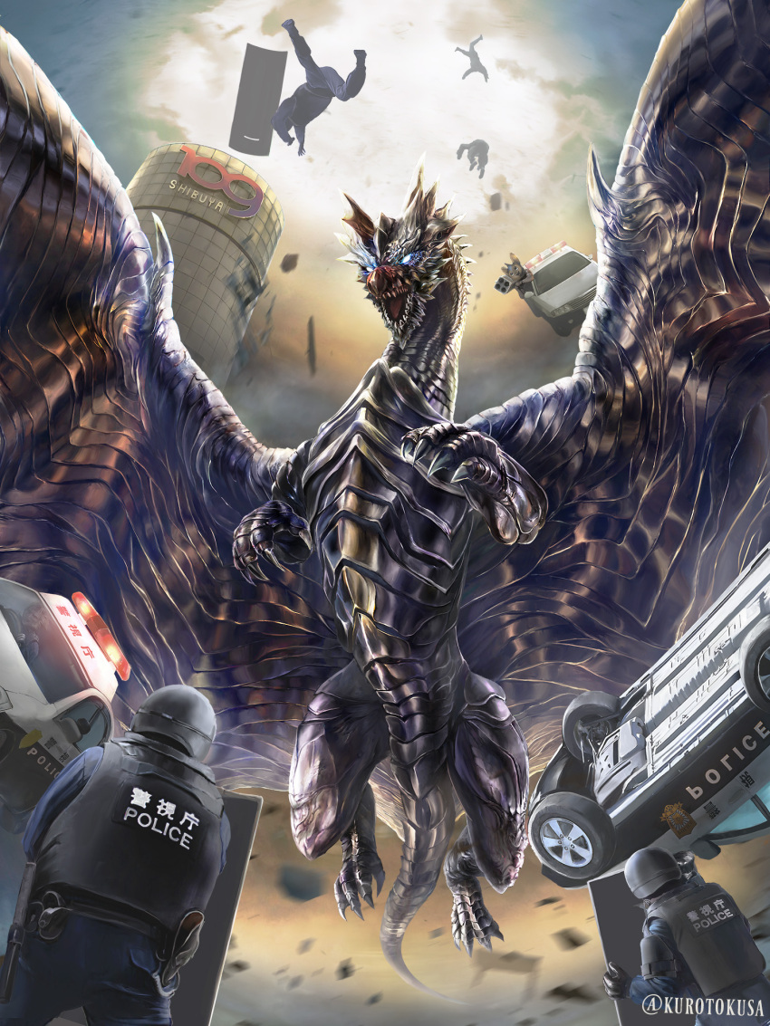 ambiguous_gender blue_eyes building capcom car clothing dragon elder_dragon falling feral group hi_res horn human kurotokusa kushala_daora mammal membrane_(anatomy) membranous_wings metallic_body monster_hunter police police_uniform rock scalie uniform vehicle wind wings