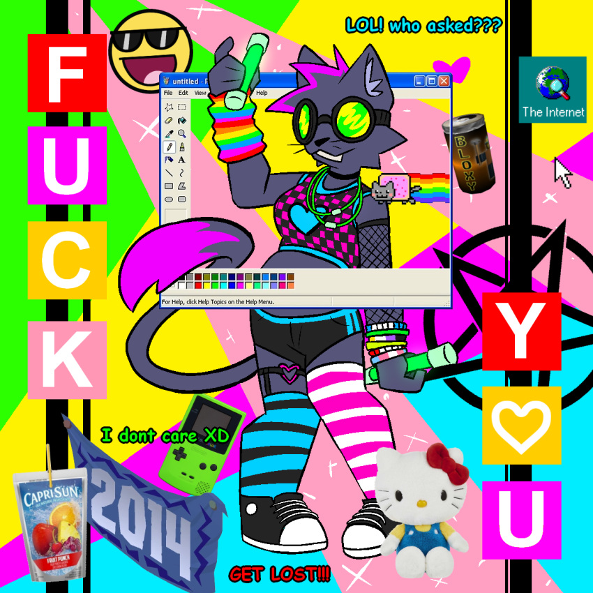 &lt;3 2022 animal_jam anthro arm_warmers armwear atomic_cat banner beverage_can bottomwear bra bracelet breasts capri_sun_(company) choker clothed clothing cursor dark_body dark_fur domestic_cat epic_face eyewear facial_tuft felid feline felis female fishnet fishnet_armwear fully_clothed fur game_boy game_boy_family glowstick glowstick_necklace goggles green_eyewear green_goggles hello_kitty_(character) hello_kitty_(series) hi_res highlights_(coloring) jam_(character) jewelry legwear lgbt_pride magenta_hair magenta_highlights mammal meme microsoft microsoft_paint mismatched_socks missing_texture multicolored_armwear multicolored_clothing necklace nintendo nonbinary_(lore) nonbinary_pride_colors nyan_cat pentacle plushie pride_colors purple_body purple_fur rainbow_armwear rainbow_clothing roblox sanrio scene_kid shorts solo sparkles sports_bra thigh_highs transgender_pride_colors underwear